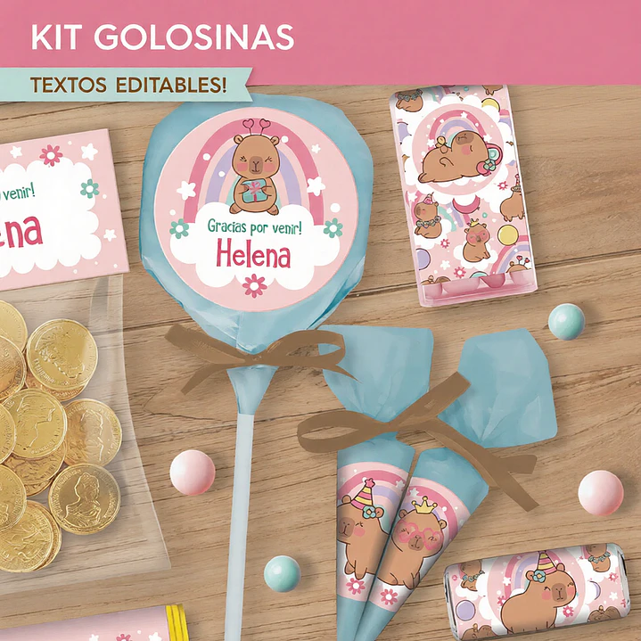 Capibara rosa: kit etiquetas de golosinas Descarga GRATIS 3