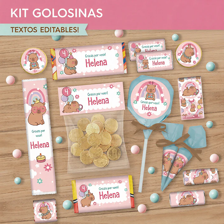 Capibara rosa: kit etiquetas de golosinas Descarga GRATIS 2