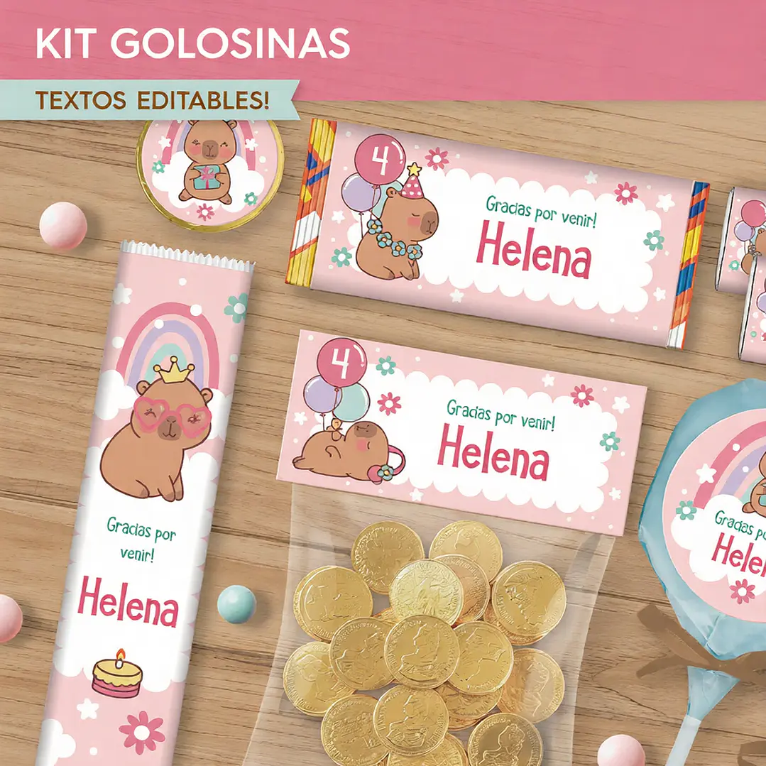 Capibara rosa: kit etiquetas de golosinas Descarga GRATIS 1