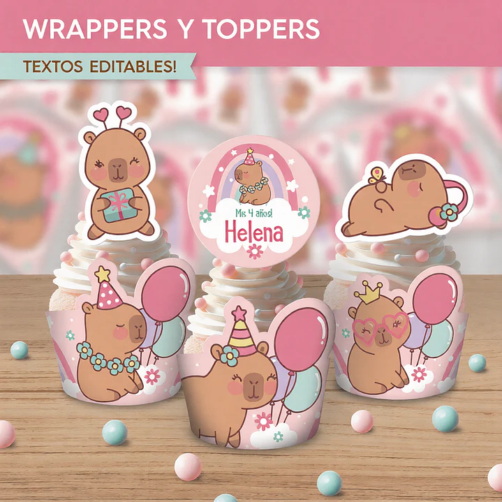 Capibara rosa: wrappers y toppers para cupcakes Descarga GRATIS 2