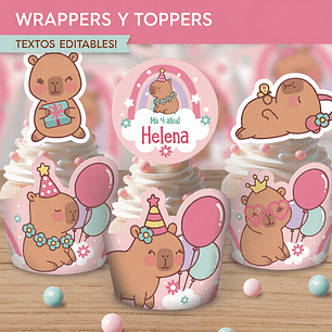 Capibara rosa: wrappers y toppers para cupcakes Descarga GRATIS