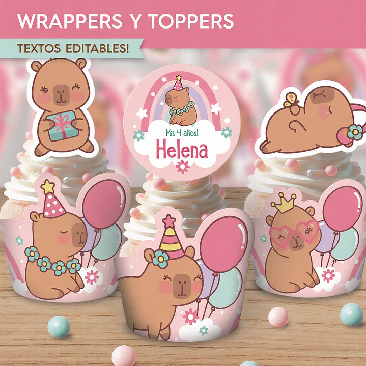 Capibara rosa: wrappers y toppers para cupcakes Descarga GRATIS 1