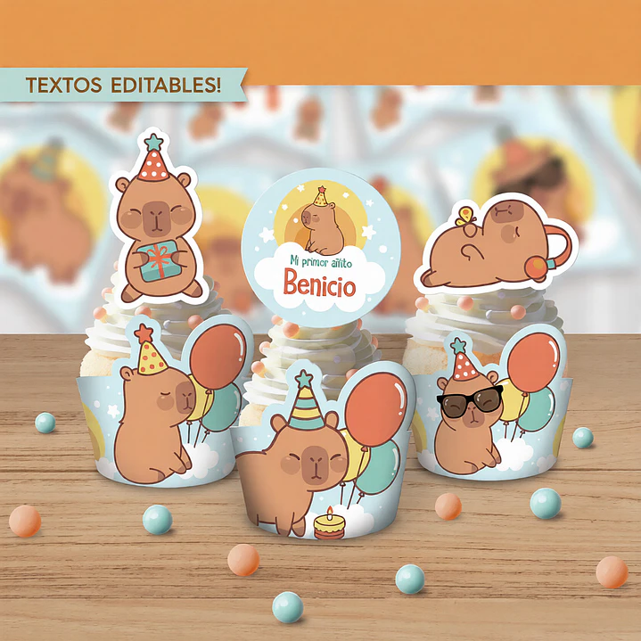 Capibara celeste: wrappers y toppers para cupcakes Descarga GRATIS 2