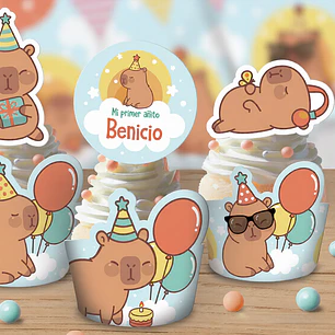 Capibara celeste: wrappers y toppers para cupcakes Descarga GRATIS