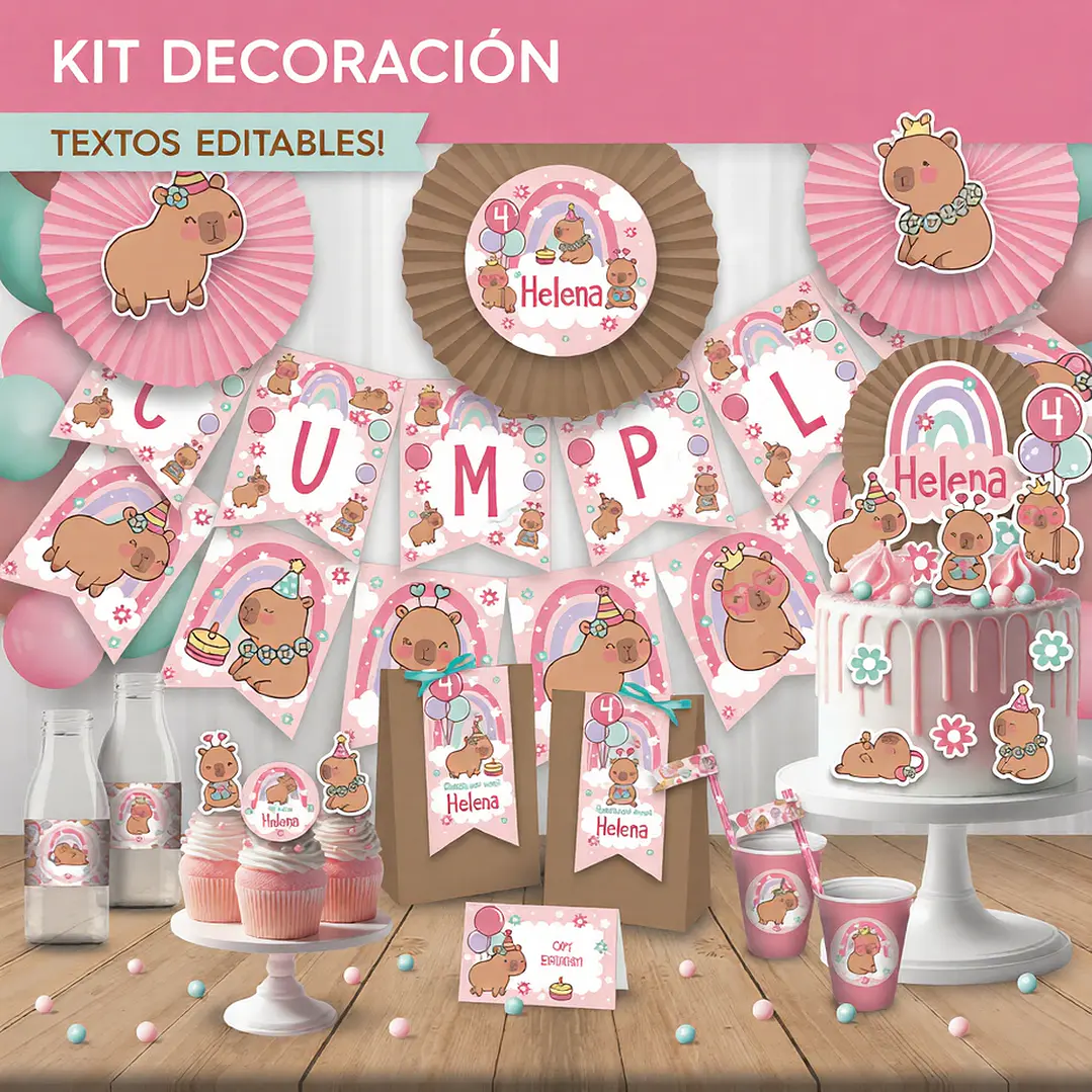 Capibara rosa: decoración de fiesta para imprimir Descarga GRATIS 1
