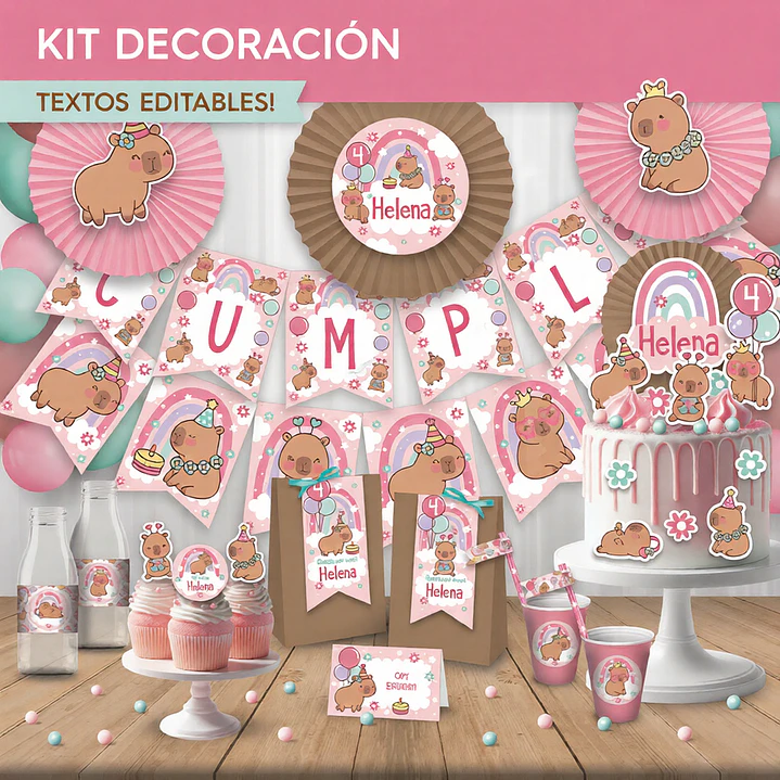 Capibara rosa: decoración de fiesta para imprimir Descarga GRATIS 1