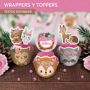 Animales del bosque rosa: wrappers y toppers cupcakes Descarga GRATIS