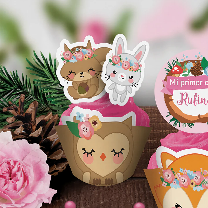 Animales del bosque rosa: wrappers y toppers cupcakes Descarga GRATIS 2