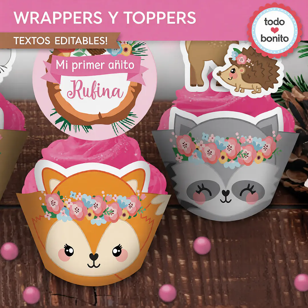 Animales del bosque rosa: wrappers y toppers cupcakes Descarga GRATIS 3