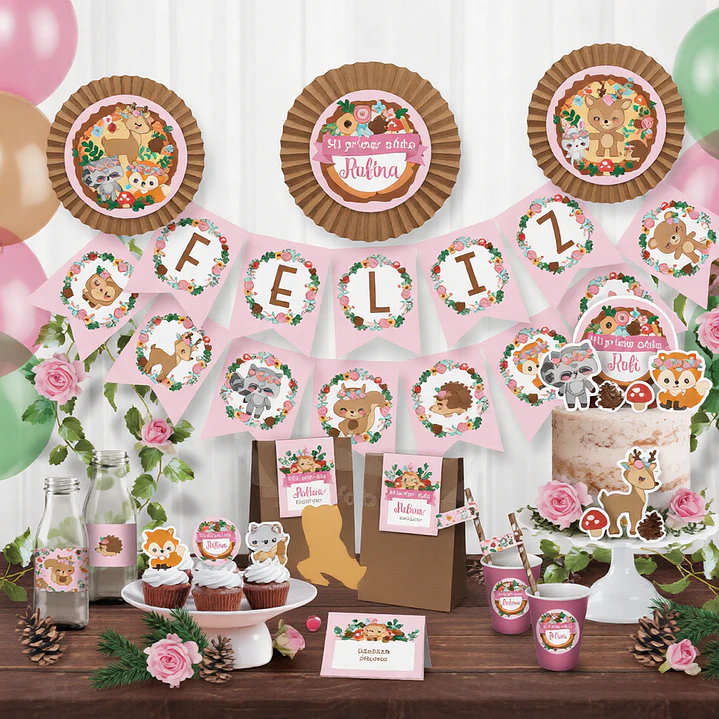 Animales del bosque rosa: kit imprimible decoración de fiesta Descarga GRATIS 1