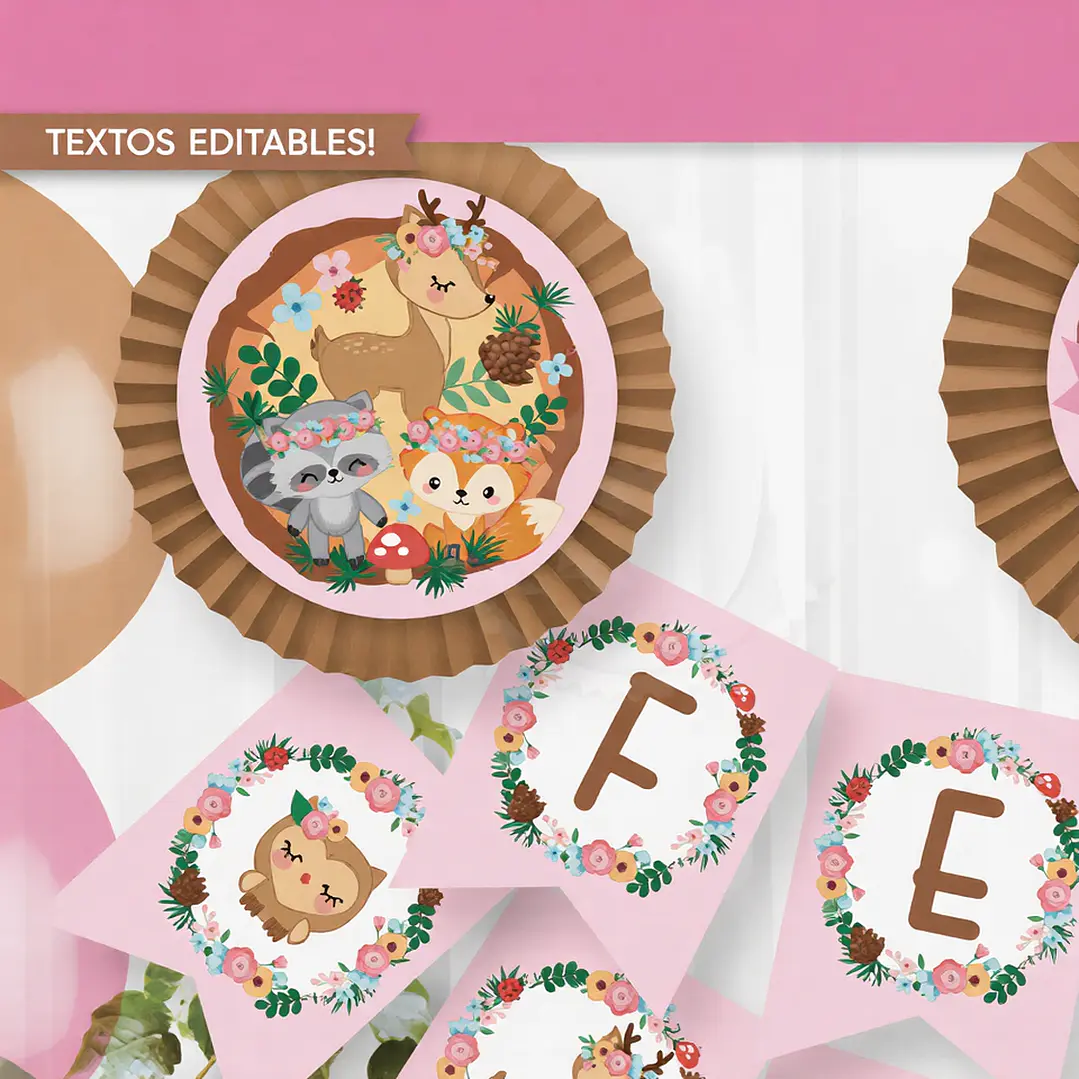 Animales del bosque rosa: kit imprimible decoración de fiesta Descarga GRATIS 5