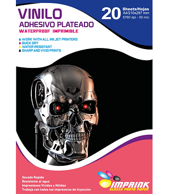 Vinilo Adhesivo Plateado Metalico Imprimible A4/20hojas