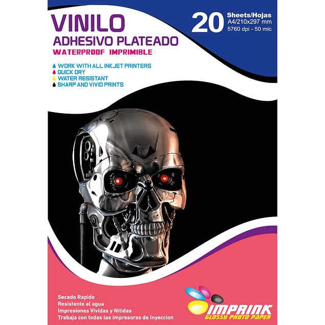 Vinilo Adhesivo Plateado Metalico Imprimible A4/20hojas