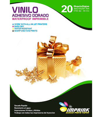 Vinilo Adhesivo Dorado Metalico Imprimible A4/20hojas