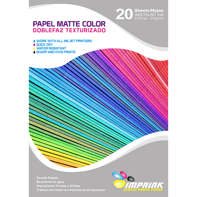 Papel doblefaz matte Cartulina COLORES Texturizada   A4 / 230G / 20 HOJAS 