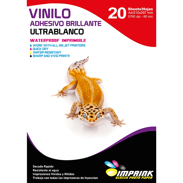 Vinilo Adhesivo ULTRABlanco Glossy Imprimible A4/20 Hojas Imprink