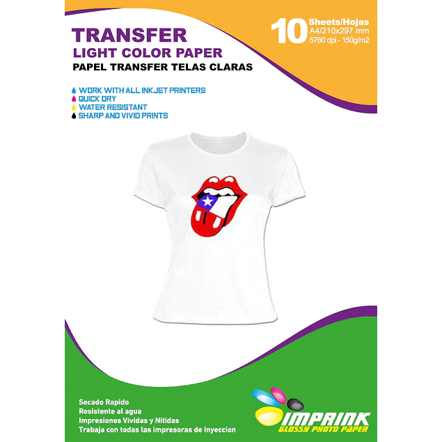 Papel Transfer Premium Poleras Claras 10 Hojas tamaño  A4 