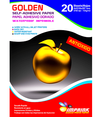 Novedad!!! Papel Adhesivo Dorado Antioxido A4 de 135gr/20 hojas