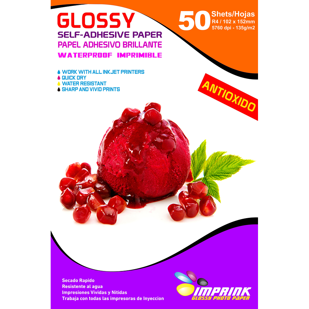 Papel Adhesivo Glossy Antioxido 4R 10x15 similar A6  50 Hojas Imprink