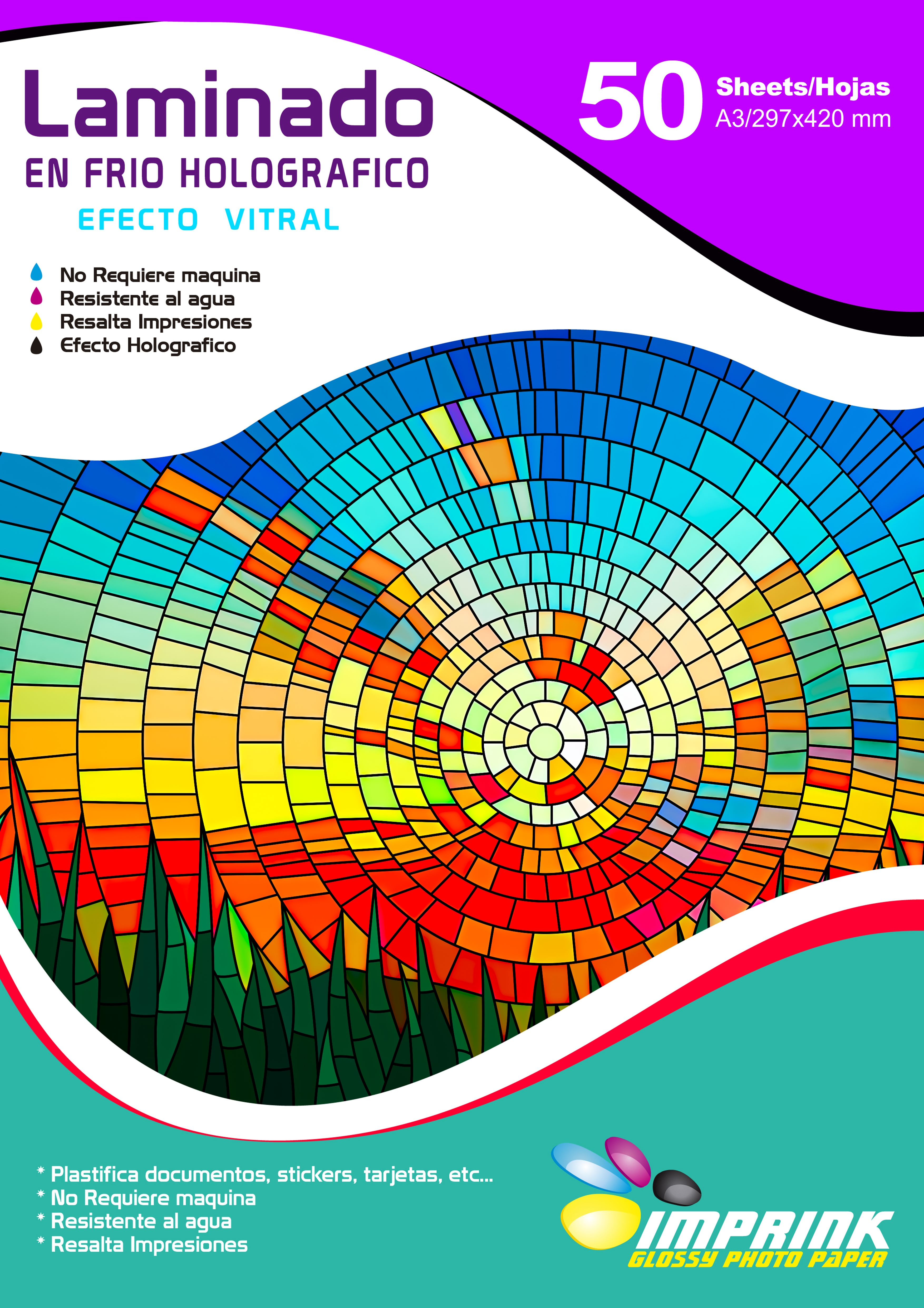 LAMINADO EN FRIO TRANSPARENTE HOLOGRAFICO EFECTO VITRAL A3/50 HOJAS