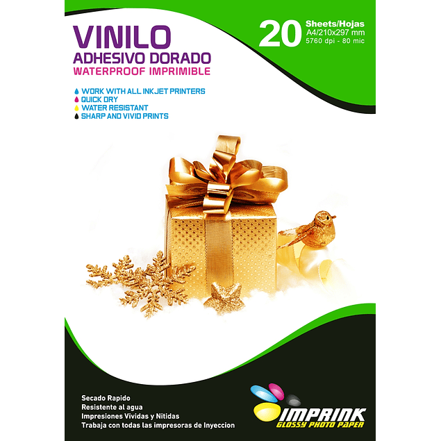 CAJA 20 RESMAS!! Vinilo Adhesivo Dorado Metalico Imprimible A4/20hojas