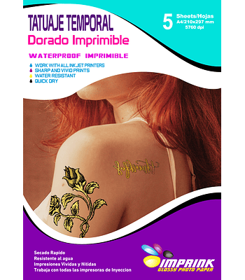 CAJA 20 RESMAS!! Tatuaje Temporal Imprimible EFECTO DORADO A4/5 Hojas