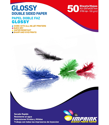 Papel Doble Faz Glossy Brillante A3 De 180gr/50 Hojas