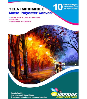 Tela Imprimible Matte Poliester Canvas A3 / 10 hojas