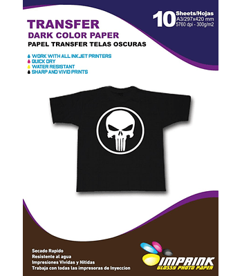 ÚLTIMA UNIDAD! Papel Transfer Premium Telas O Poleras Oscuras A3 / 10 Hojas
