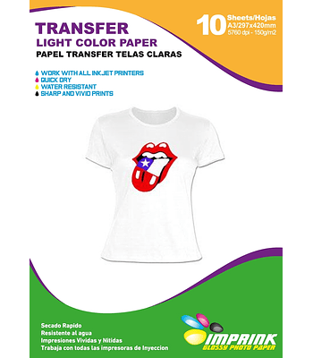 Papel Transfer Premium Poleras Blancas A3  / 10 Hojas telas Claras