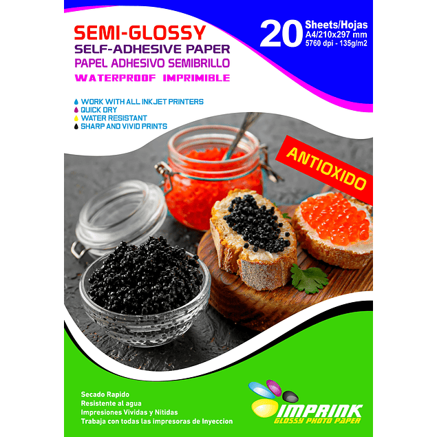 SEGUNDA SELECCIÓN!  Papel Adhesivo SEMI-GLOSSY Antioxido A4 de 135gr/20 hojas
