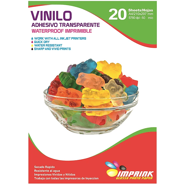 SEGUNDA SELECCIÓN! Vinilo Adhesivo Transparente (no cristalino)  Waterproof A4  / 20 hojas.