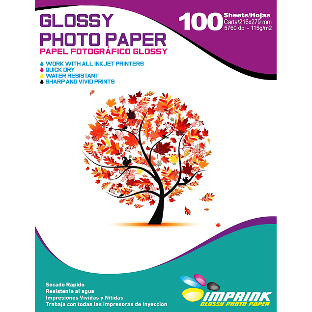Papel fotográfico Glossy Carta 115gr / 100 hojas