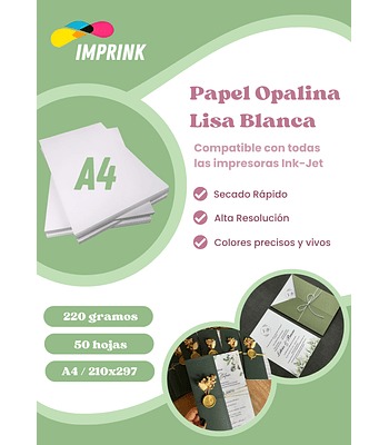 ÚLTIMA UNIDAD! Opalina Lisa Blanca A4 50 Hojas 220 Gramos Imprink