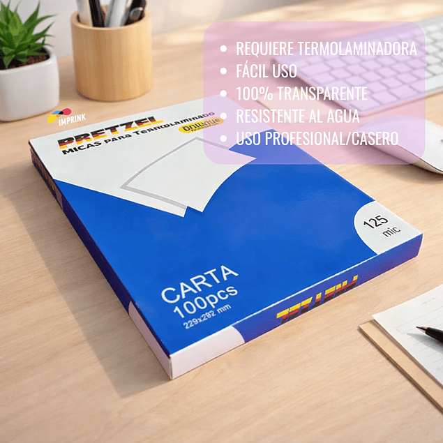 CAJA 10 RESMAS!! 100 Mica Termolaminadora Plastificadora Carta 125mic Pretzel