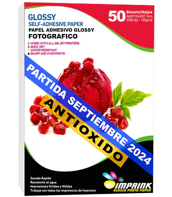 ÚLTIMAS UNIDADES!! Papel Adhesivo Fotografico Brillante Antioxido A4/ 135 g /50 Hojas