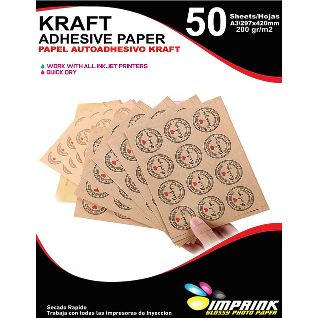 SEGUNDA SELECCIÓN! Papel Adhesivo Kraft Imprimible A3/200g Resmas De 50 Hojas (9)