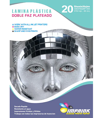 Lamina plastica Doble Faz Plateada IMPRIMIBLE A4/20 hojas