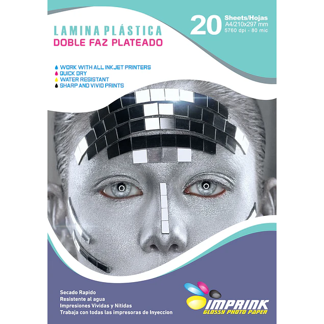 Lamina plastica Doble Faz Plateada IMPRIMIBLE A4/20 hojas