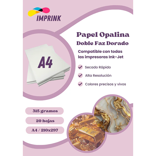 CAJA 20 UNIDADES!! Opalina Lisa Dorada A4 20 Hojas 315gr Imprink