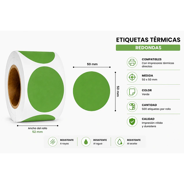 Etiquetas Termicas Directa Adhesivas 50x50 Mm Verde Oscuro 500un