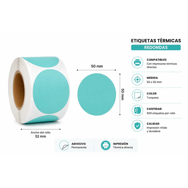 Etiquetas Termicas Directa Adhesivas 50x50 Mm Turquesa 500un