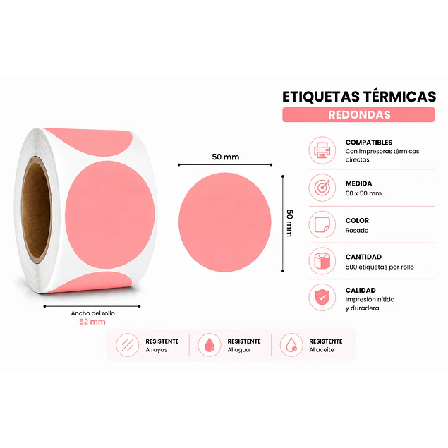 Etiquetas Termicas Directa Adhesivas 50x50 Mm Rosada 500un