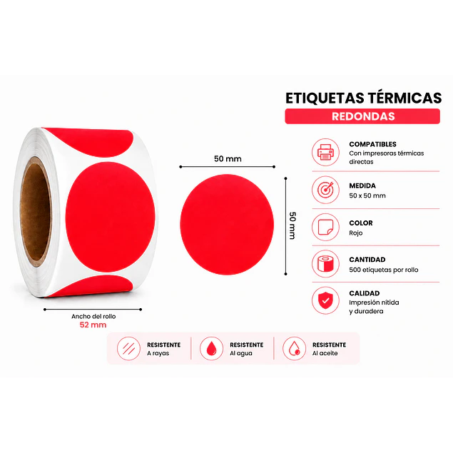 Etiquetas Termicas Directa Adhesivas 50x50 Mm Roja 500un