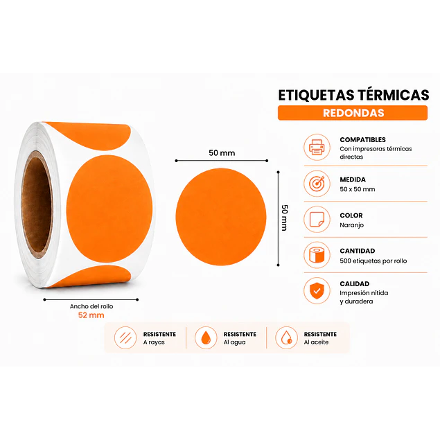 Etiquetas Termicas Directa Adhesivas 50x50 Mm Naranja 500un