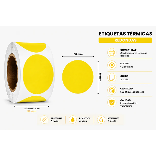 Etiquetas Termicas Directa Adhesivas 50x50 Mm Amarilla 500un
