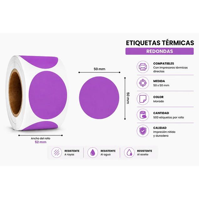 Etiquetas Termicas Directa Adhesivas 50x50 Morada 500un