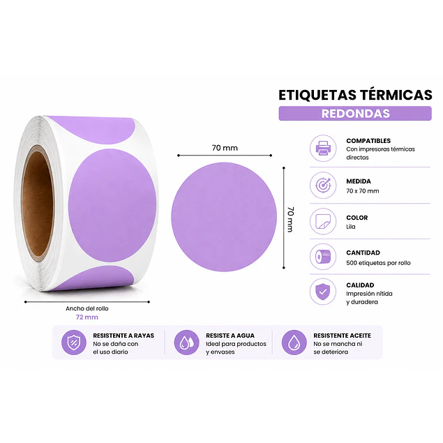 Etiquetas Termicas Directa Adhesivas 70x70 Mm Lila 500un