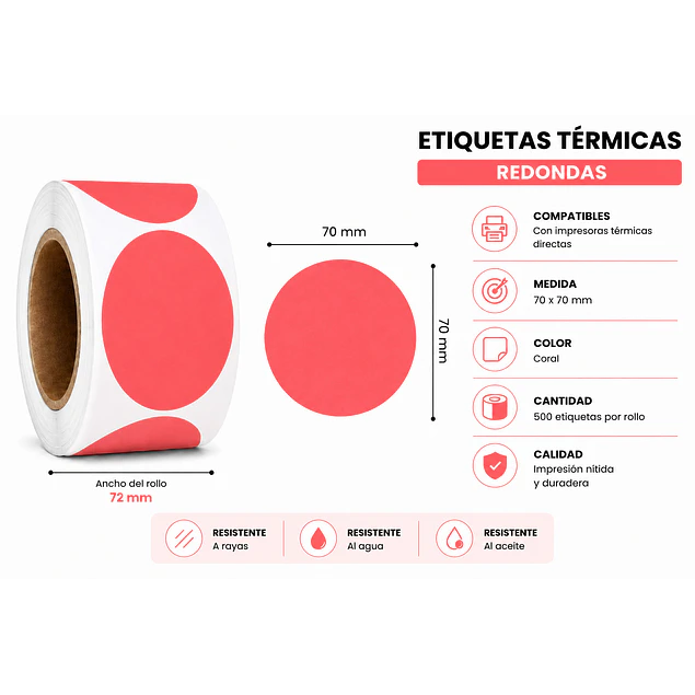 Etiquetas Termicas Directa Adhesivas 70x70 Mm Coral 500un