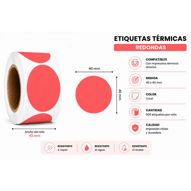 Etiquetas Termicas Directa Adhesivas 40x40 Mm Coral 500un